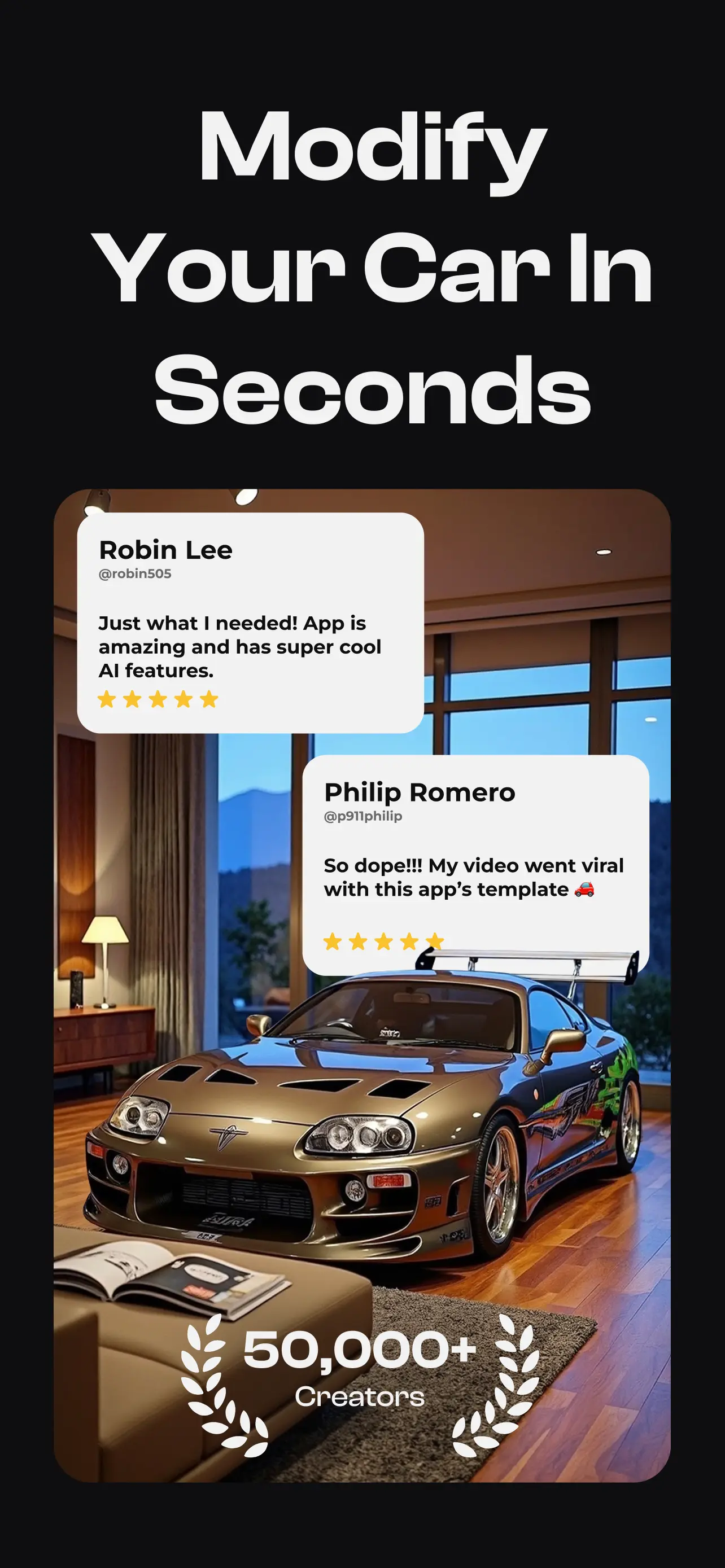Mobile app interface showing 3D car customizer